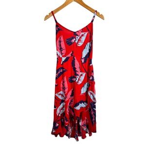 Express Womens Red Tropical Leaf Print High Low Smocked Maxi Sundress Size S
